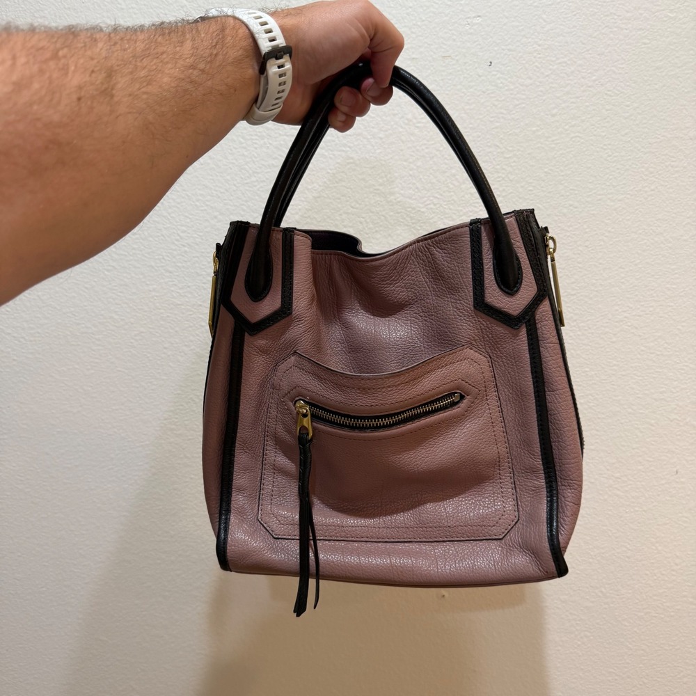 ORYANY Mauve Pebbled Leather Tote Bag Black Trim Gold Hardware Handbag